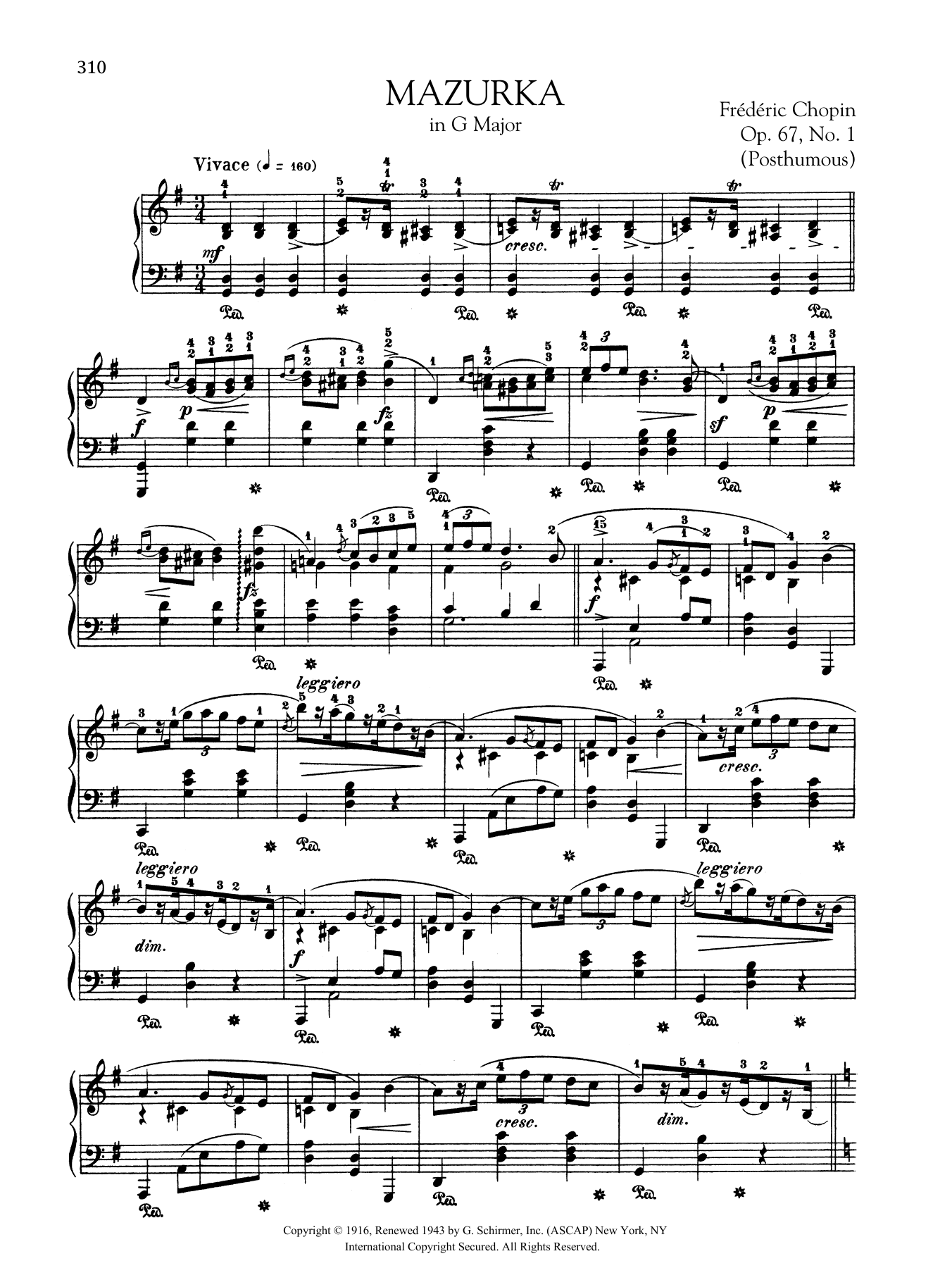 Frederic Chopin Mazurka in G Major, Op. 67, No. 1 (Posthumous) sheet music notes and chords arranged for Piano Solo