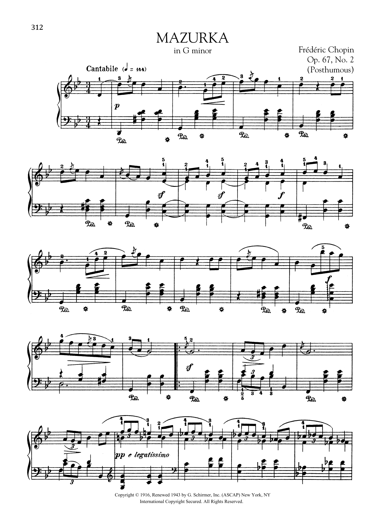 Frederic Chopin Mazurka in G minor, Op. 67, No. 2 (Posthumous) sheet music notes and chords arranged for Piano Solo