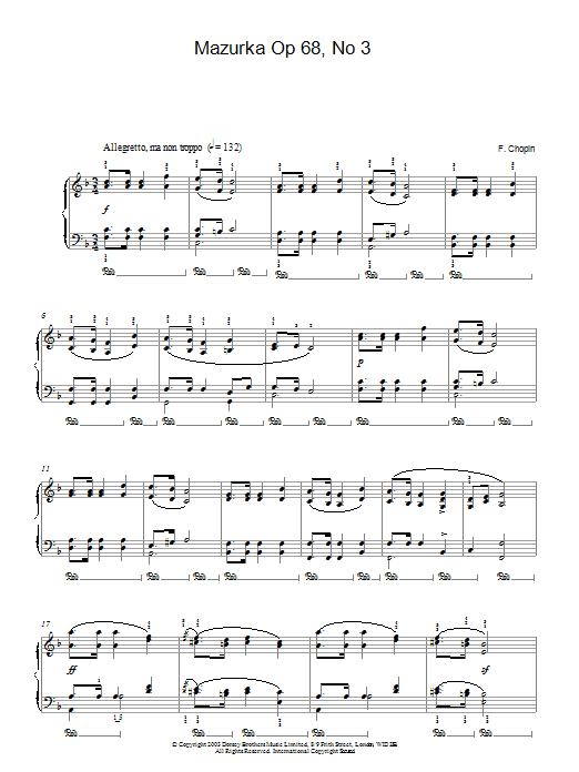 Frederic Chopin Mazurka Op.68, No.3 sheet music notes and chords arranged for Piano Solo