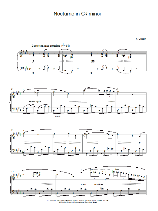 Frederic Chopin Nocturne in C# minor (1830) sheet music notes and chords. Download Printable PDF.