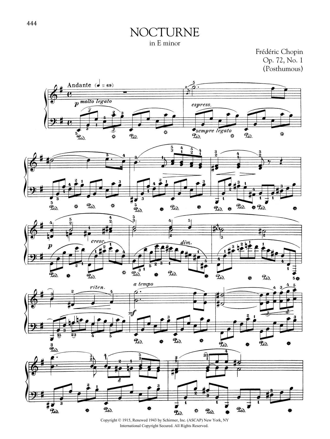 Frederic Chopin Nocturne in E minor, Op. 72, No. 1 (Posthumous) sheet music notes and chords. Download Printable PDF.