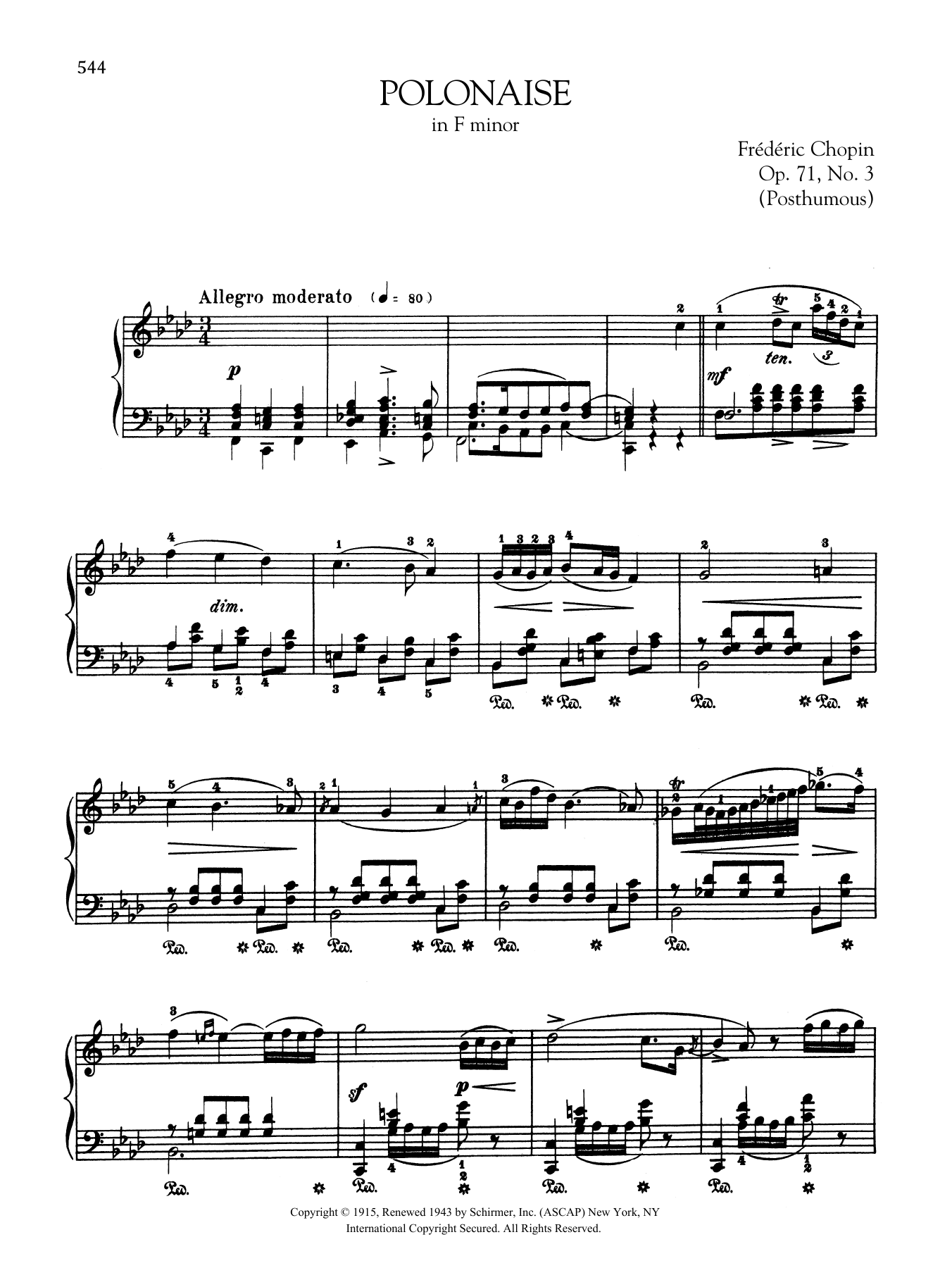 Frederic Chopin Polonaise in F minor, Op. 71, No. 3 (Posthumous) sheet music notes and chords arranged for Piano Solo