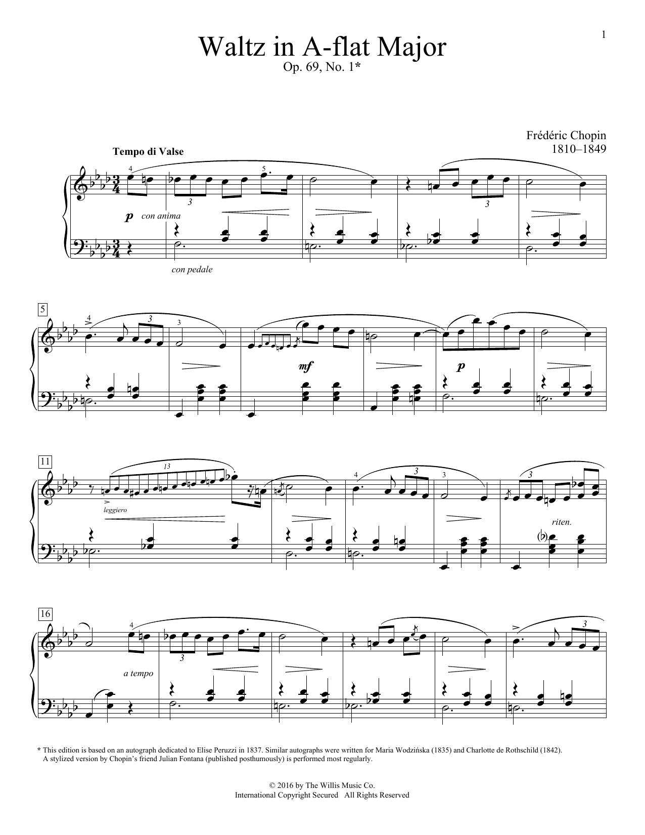 Frederic Chopin Waltz In A-Flat Major, Op. 69, No. 1 sheet music notes and chords. Download Printable PDF.