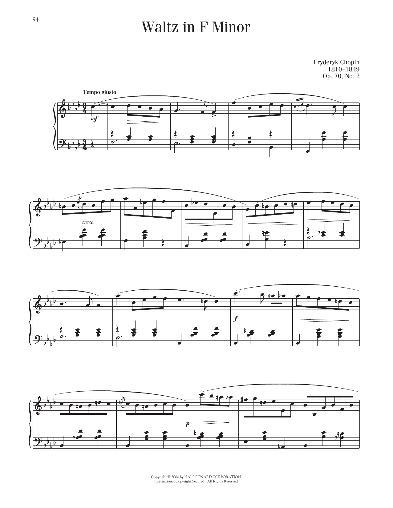 Frederic Chopin Waltz, Op. 70, No. 2 sheet music notes and chords arranged for Piano Solo