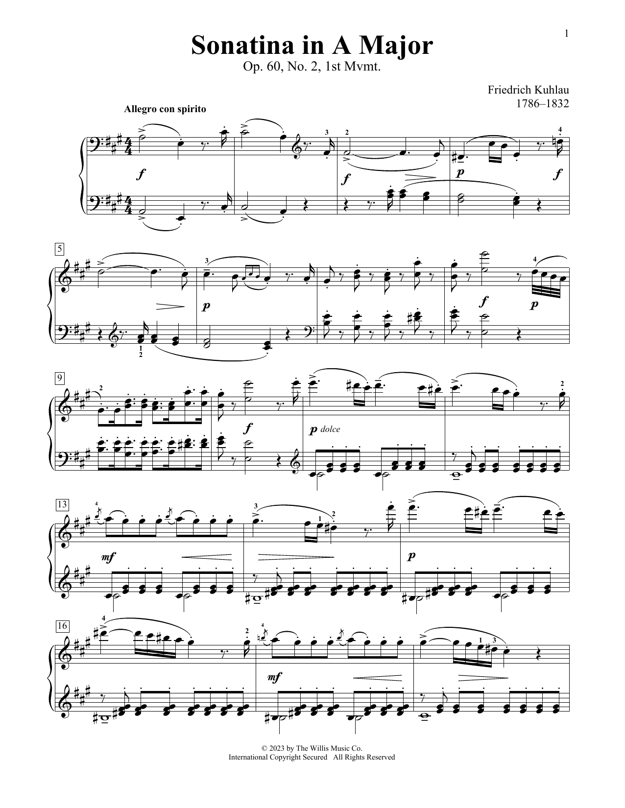 Frederic Kuhlau Sonatina In A Major, Op. 60, No. 2, 1st Mvmt sheet music notes and chords. Download Printable PDF.