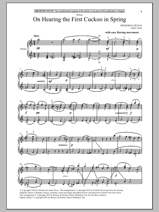 Learn to play Frederick Delius On Hearing The First Cuckoo In Spring sheet music for Piano Duet in minutes. Price: 7.8900$ Frederick Delius On Hearing The First Cuckoo In Spring sheet music notes and chords arranged for Piano Duet
