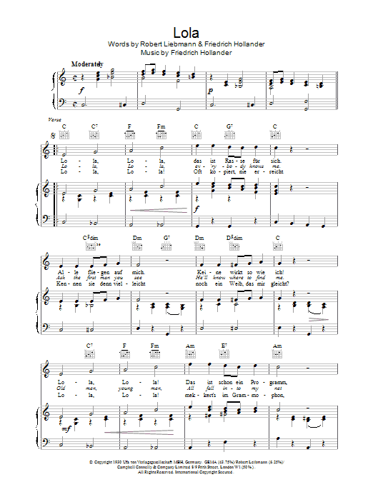 Learn to play Friedrich Hollaender & Robert Leibmann Lola sheet music for Piano, Vocal & Guitar Chords in minutes. Price: 7.8900$ Friedrich Hollaender & Robert Leibmann Lola sheet music notes and chords arranged for Piano, Vocal & Guitar Chords