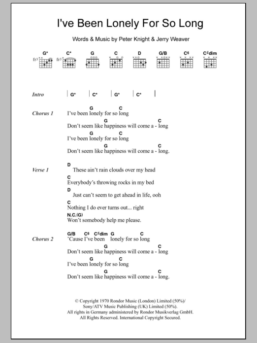 Frederick Knight I've Been Lonely For So Long sheet music notes and chords. Download Printable PDF.