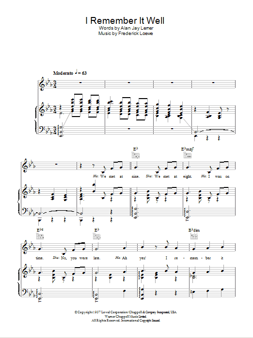 Learn to play Frederick Loewe I Remember It Well sheet music for Piano, Vocal & Guitar Chords in minutes. Price: 7.8900$ Frederick Loewe I Remember It Well sheet music notes and chords arranged for Piano, Vocal & Guitar Chords