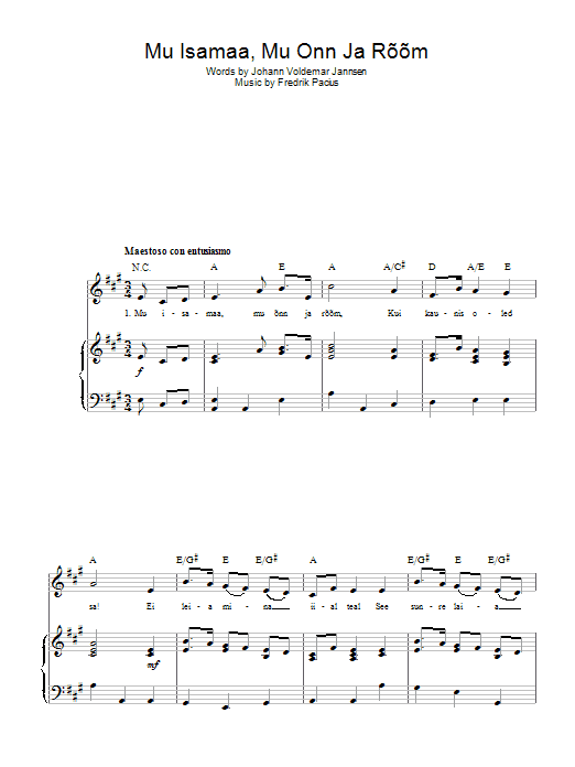 Learn to play Fredrik Pacius Mu Isamaa, Mu Onn Ja Room (Estonian National Anthem) sheet music for Piano, Vocal & Guitar Chords in minutes. Price: 7.8900$ Fredrik Pacius Mu Isamaa, Mu Onn Ja Room (Estonian National Anthem) sheet music notes and chords arranged for Piano, Vocal & Guitar Chords