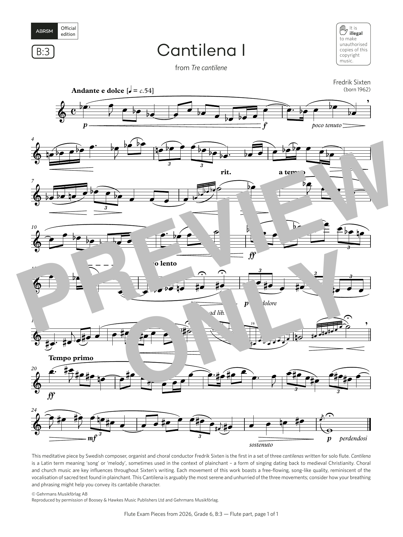 Learn to play Fredrik Sixten Cantilena I (Grade 6, list B3, from the ABRSM Flute Syllabus from 2026) sheet music for Flute Solo in minutes. Price: 6.9900$ Fredrik Sixten Cantilena I (Grade 6, list B3, from the ABRSM Flute Syllabus from 2026) sheet music notes and chords arranged for Flute Solo