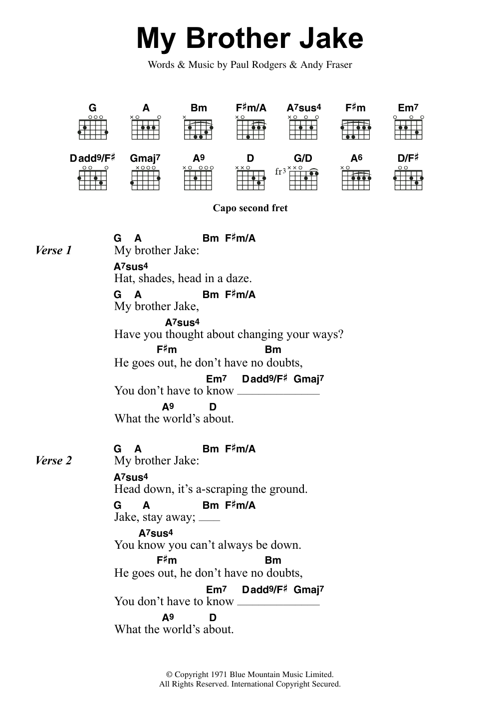 Free My Brother Jake sheet music notes and chords. Download Printable PDF.