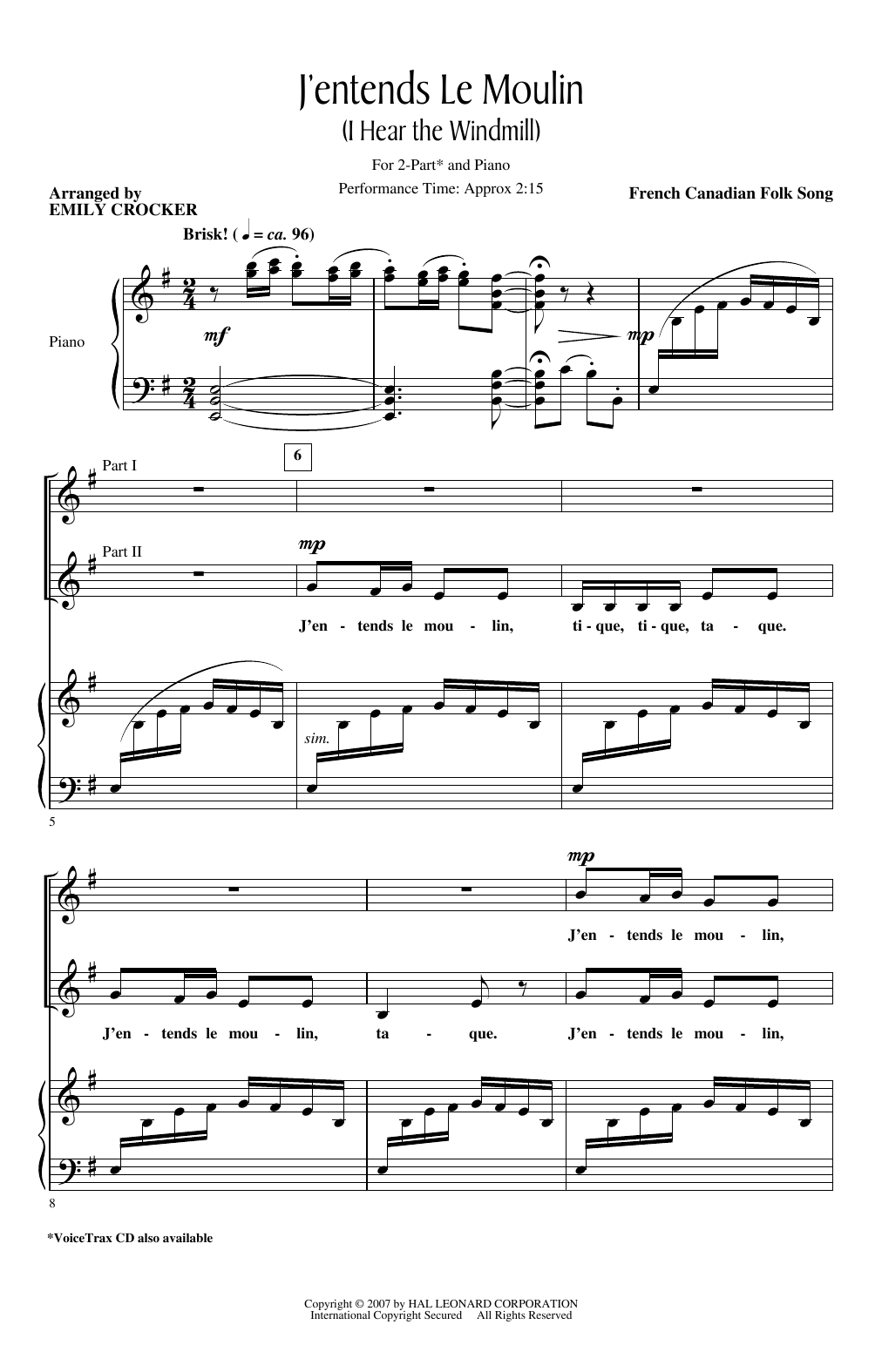 French Canadian Folk Song J'entends Le Moulin (I Hear The Wind Mill) (arr. Emily Crocker) sheet music notes and chords. Download Printable PDF.