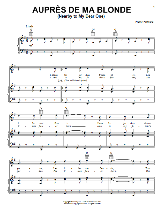 French Folksong Aupres De Ma Blonde (Nearby To My Dear One) sheet music notes and chords. Download Printable PDF.