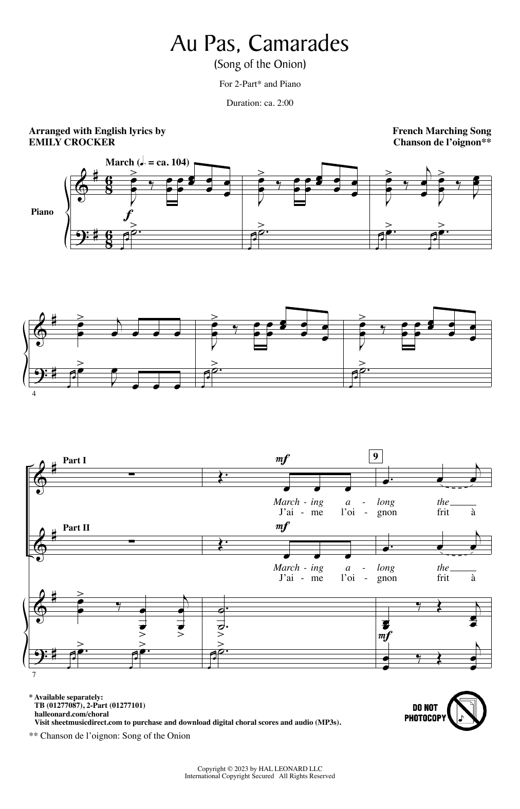 Learn to play French Marching Song Au Pas, Camarades (Song Of The Onion) (arr. Emily Crocker) sheet music for 2-Part Choir in minutes. Price: 3.9900$ French Marching Song Au Pas, Camarades (Song Of The Onion) (arr. Emily Crocker) sheet music notes and chords arranged for 2-Part Choir