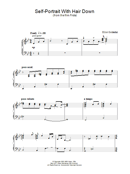 Learn to play Elliot Goldenthal Self-Portrait With Hair Down (from Frida) sheet music for Piano Solo in minutes. Price: 7.8900$ Elliot Goldenthal Self-Portrait With Hair Down (from Frida) sheet music notes and chords arranged for Piano Solo