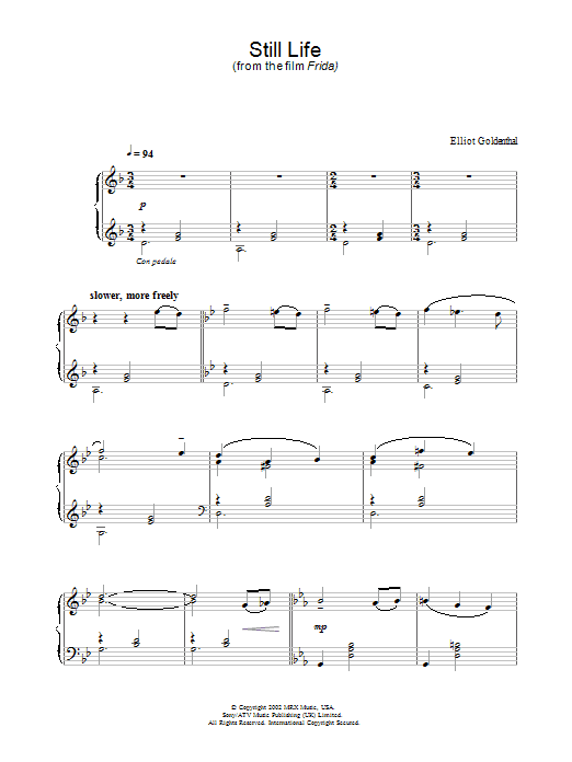 Learn to play Elliot Goldenthal Still Life (from Frida) sheet music for Piano Solo in minutes. Price: 7.8900$ Elliot Goldenthal Still Life (from Frida) sheet music notes and chords arranged for Piano Solo