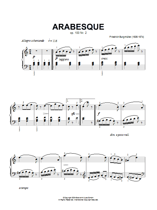 Learn to play Friedrich Burgmüller Arabesque, Op.100, No.2 sheet music for Piano Solo in minutes. Price: 7.8900$ Friedrich Burgmüller Arabesque, Op.100, No.2 sheet music notes and chords arranged for Piano Solo