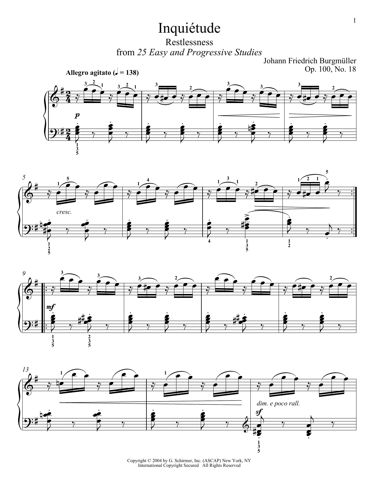 Learn to play Friedrich Burgmuller Inquietude, Op. 100, No. 18 sheet music for Piano Solo in minutes. Price: 7.8900$ Friedrich Burgmuller Inquietude, Op. 100, No. 18 sheet music notes and chords arranged for Piano Solo