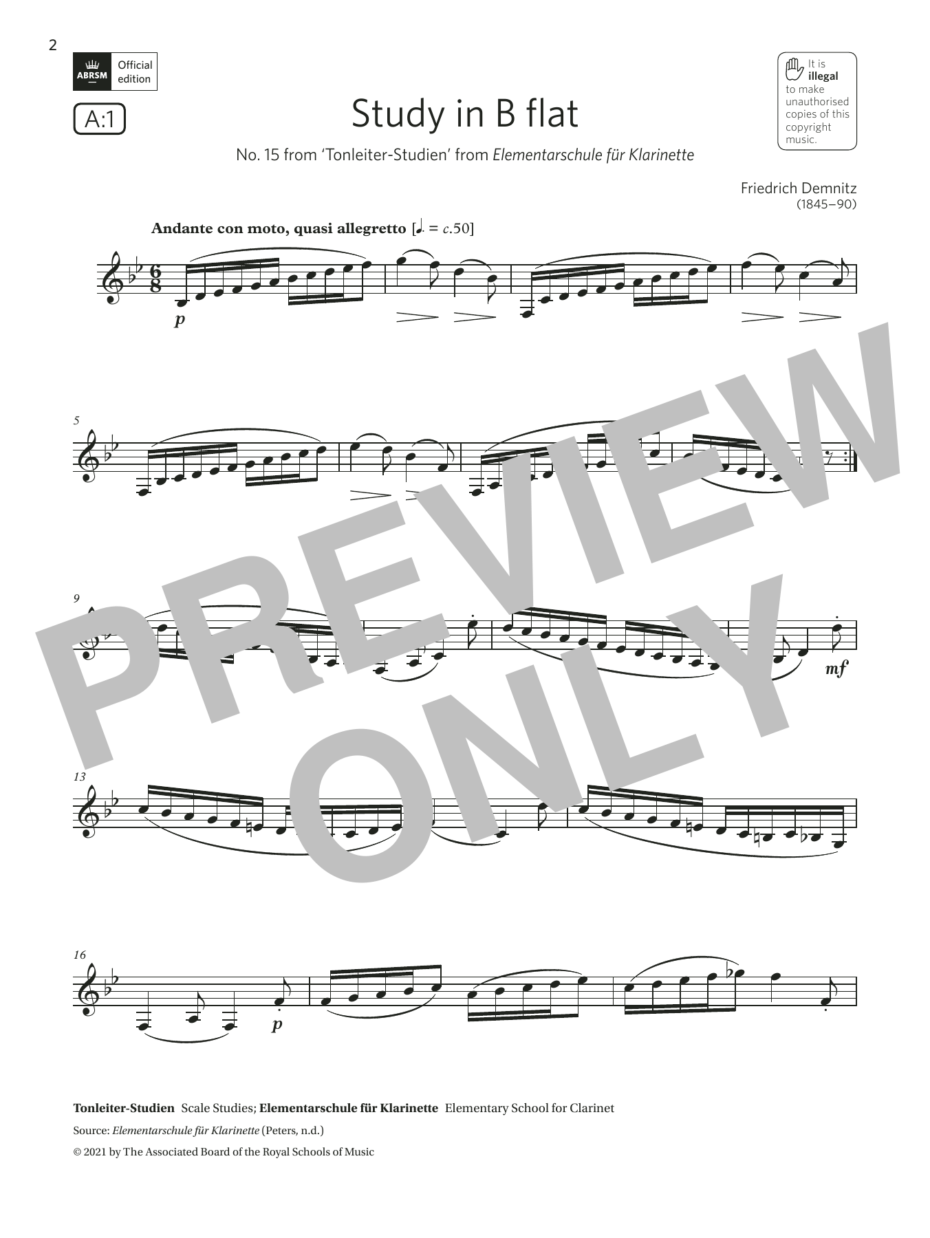 Friedrich Demnitz Study in B flat ('Tonleiter-Studien') (Grade 5 List A1 from the ABRSM Clarinet syllabus from 2022) sheet music notes and chords arranged for Clarinet Solo