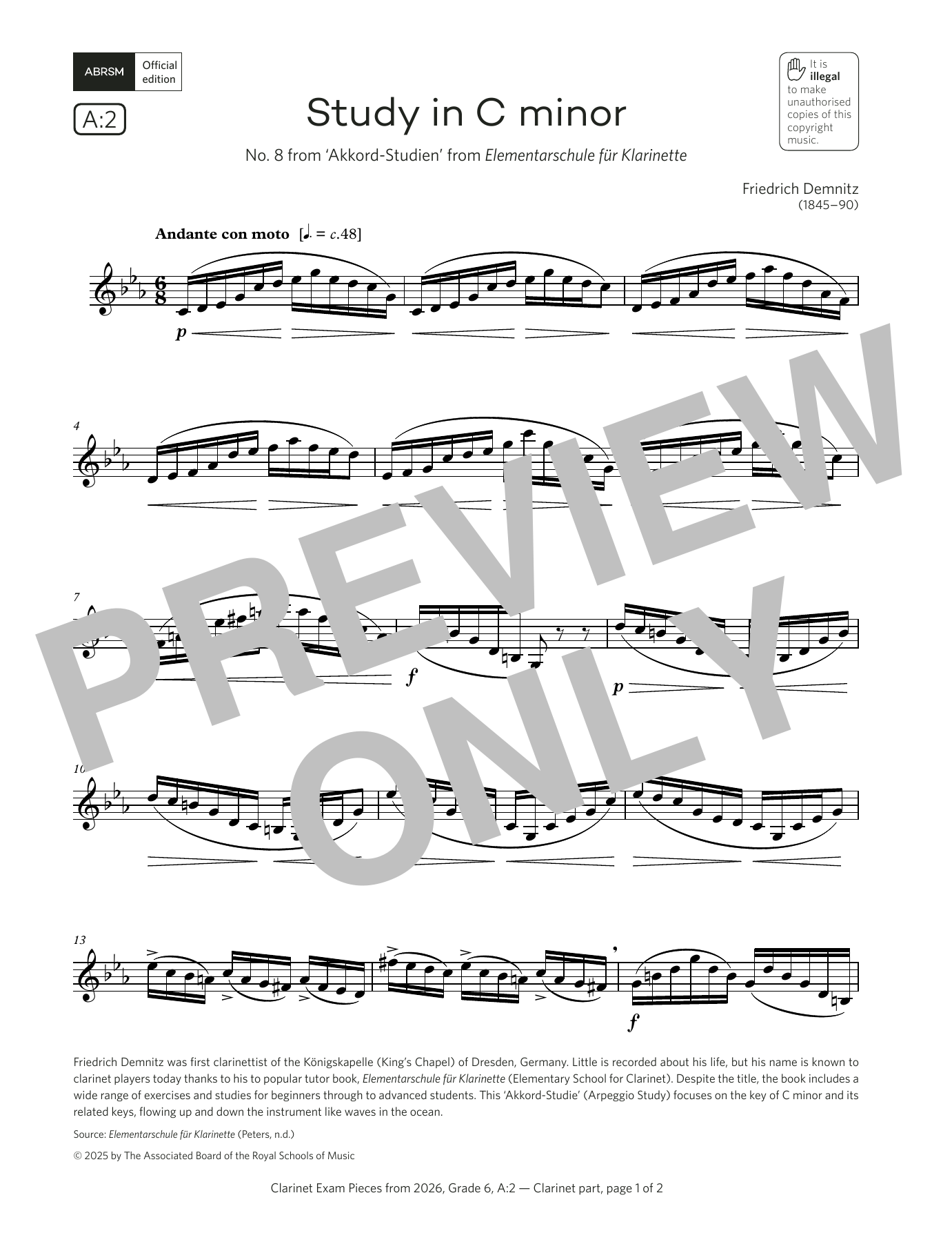 Learn to play Friedrich Demnitz Study in C minor (Grade 6, list A2, from the ABRSM Clarinet Syllabus from 2026) sheet music for Clarinet Solo in minutes. Price: 6.9900$ Friedrich Demnitz Study in C minor (Grade 6, list A2, from the ABRSM Clarinet Syllabus from 2026) sheet music notes and chords arranged for Clarinet Solo