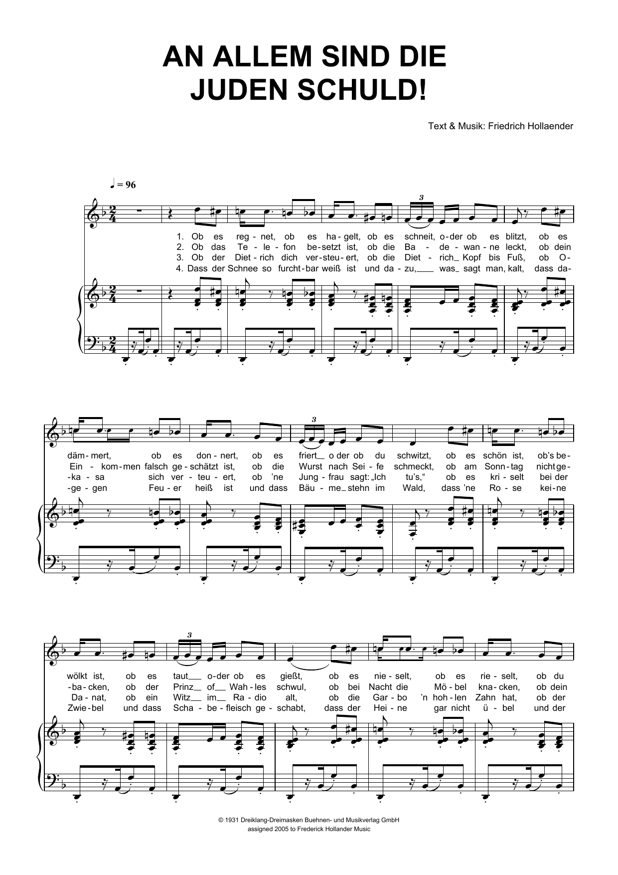 Friedrich Hollaender An Allem Sind Die Juden Schuld! sheet music notes and chords. Download Printable PDF.