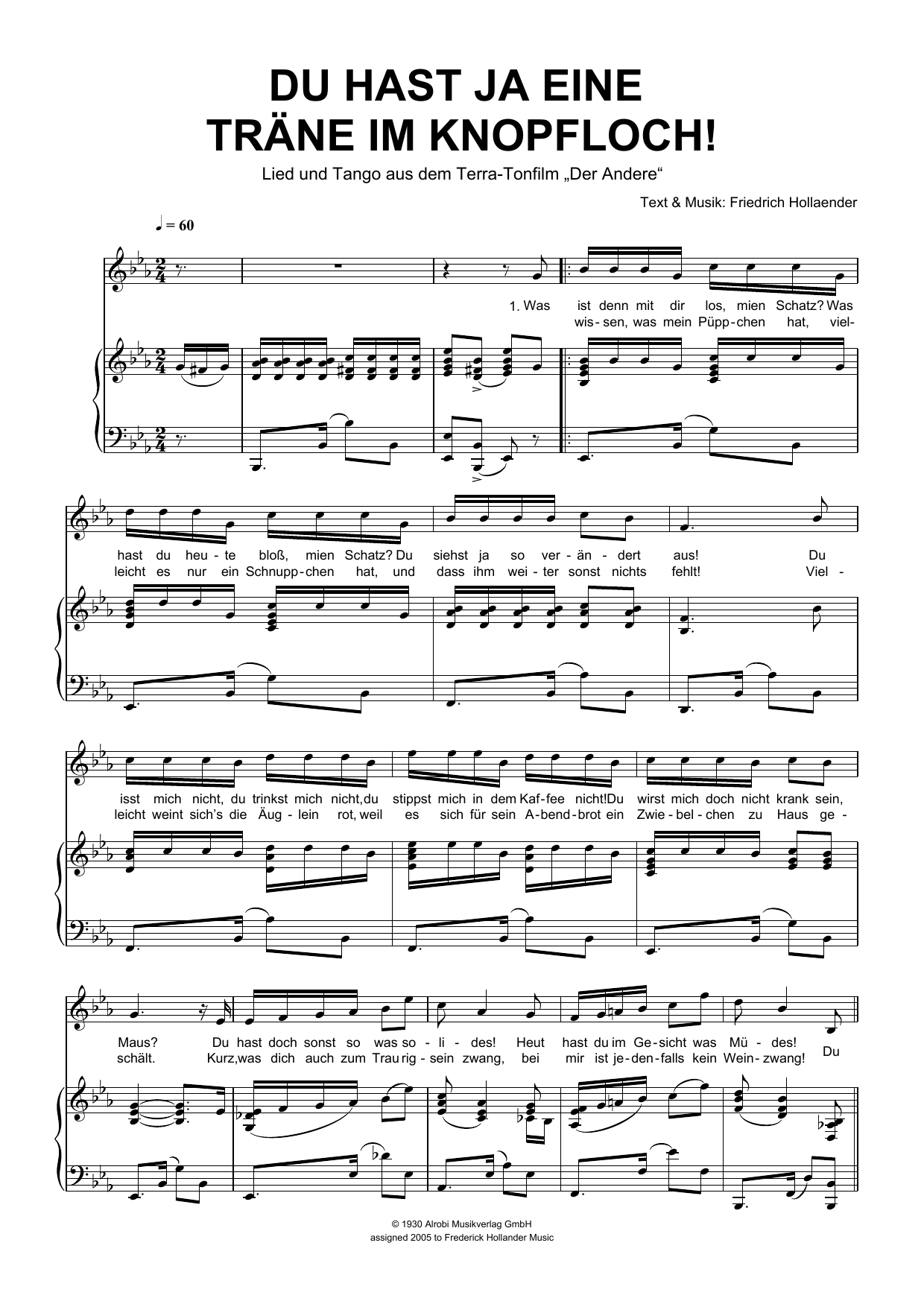 Friedrich Hollaender Du Hast Ja Eine Träne Im Knopfloch! sheet music notes and chords arranged for Piano & Vocal