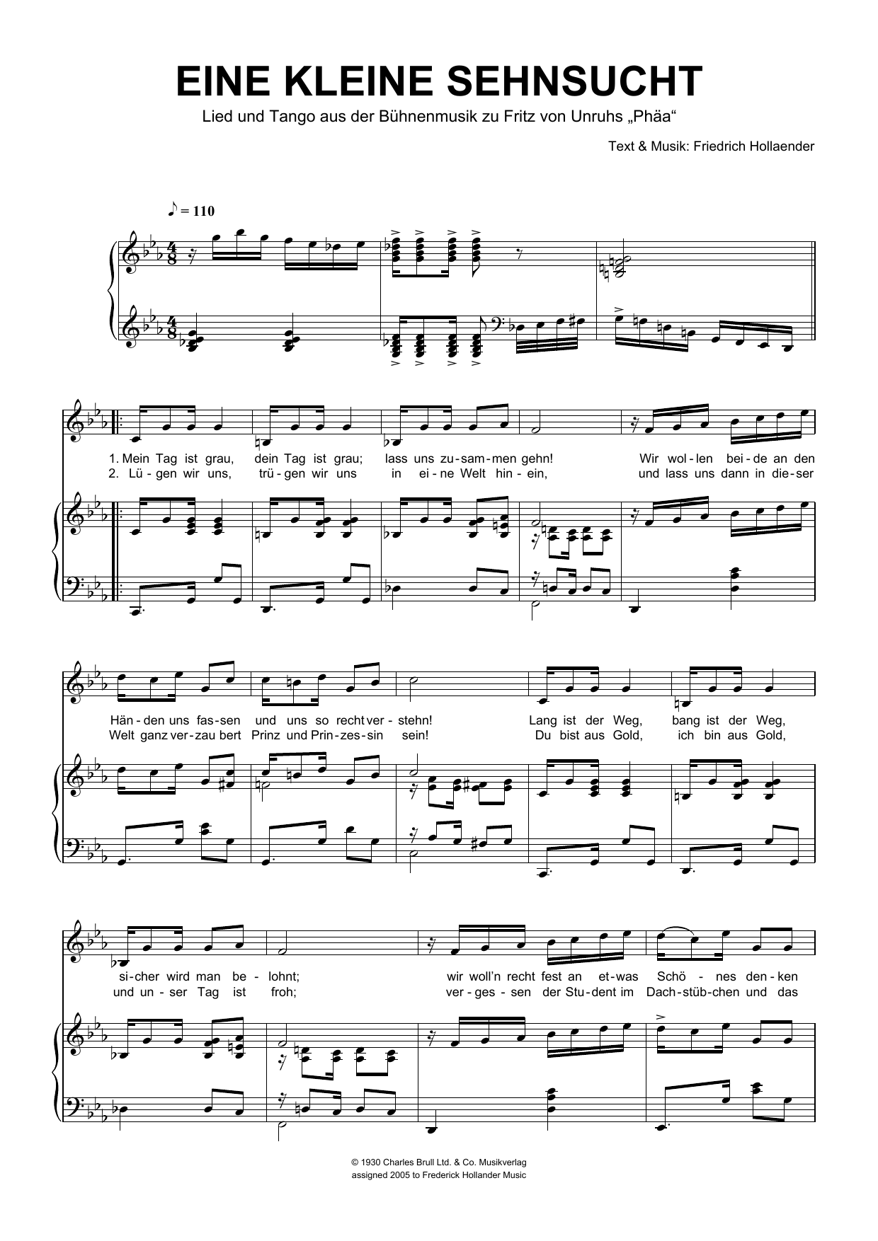 Friedrich Hollaender Eine Kleine Sehnsucht sheet music notes and chords. Download Printable PDF.