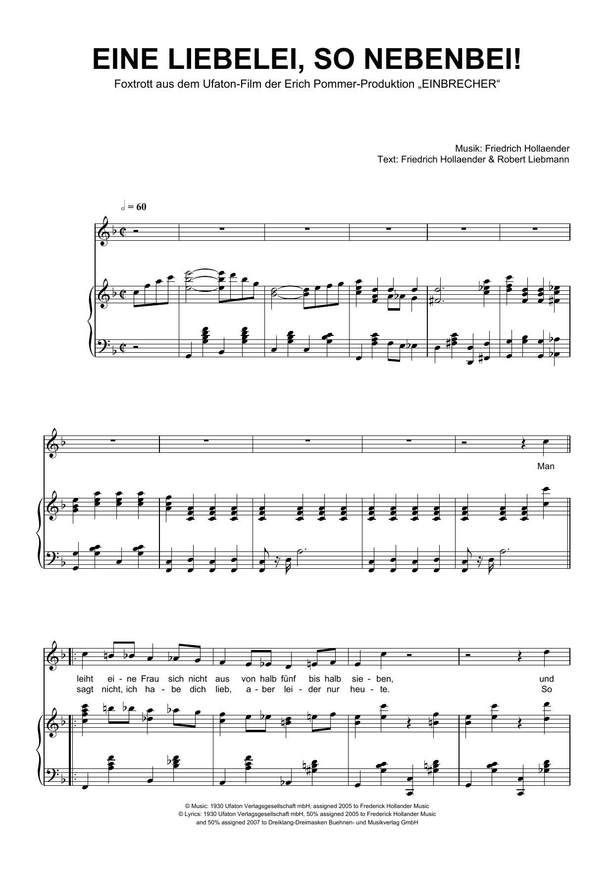 Learn to play Friedrich Hollaender Eine Liebelei, So Nebenbei! sheet music for Piano & Vocal in minutes. Price: 7.8900$ Friedrich Hollaender Eine Liebelei, So Nebenbei! sheet music notes and chords arranged for Piano & Vocal