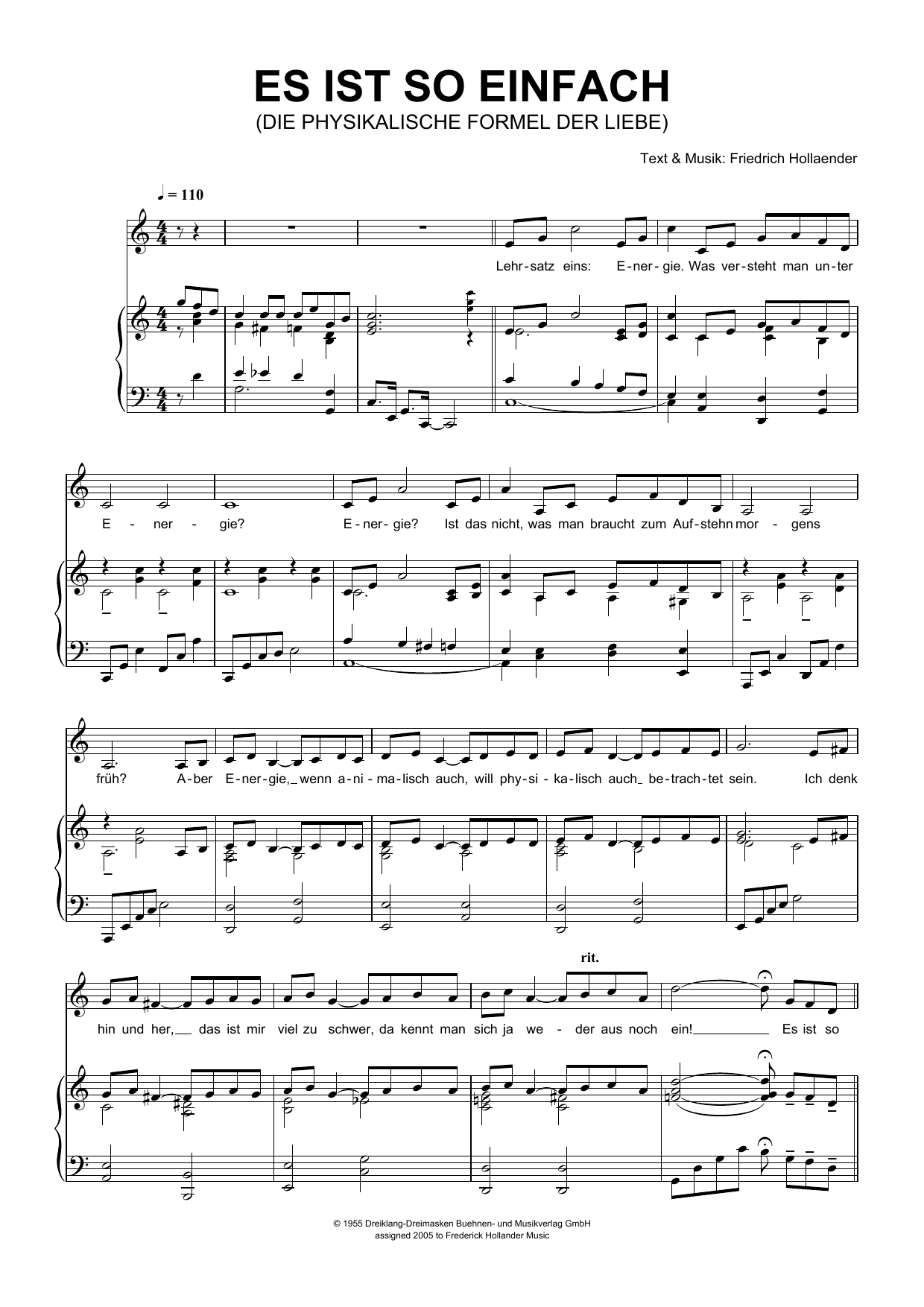 Learn to play Friedrich Hollaender Es Ist So Einfach (Die Physikalische Formel Der Liebe) sheet music for Piano & Vocal in minutes. Price: 7.8900$ Friedrich Hollaender Es Ist So Einfach (Die Physikalische Formel Der Liebe) sheet music notes and chords arranged for Piano & Vocal