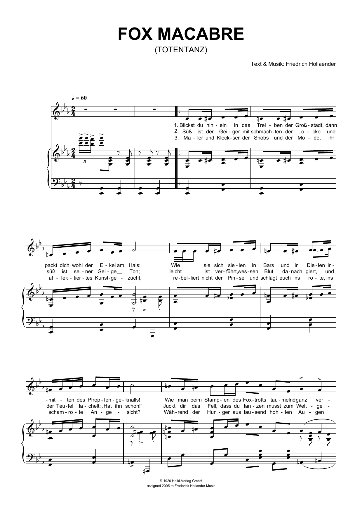 Learn to play Friedrich Hollaender Fox Macabre (Totentanz) sheet music for Piano & Vocal in minutes. Price: 7.8900$ Friedrich Hollaender Fox Macabre (Totentanz) sheet music notes and chords arranged for Piano & Vocal