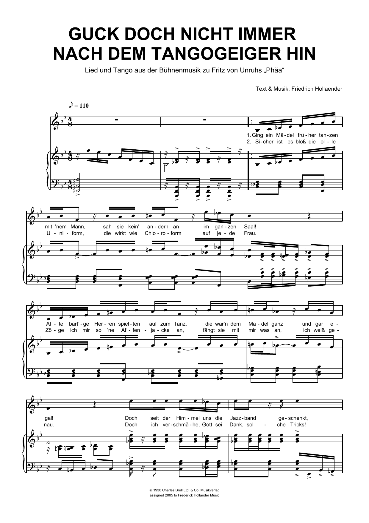 Learn to play Friedrich Hollaender Guck Doch Nicht Immer Nach Dem Tangogeiger Hin sheet music for Piano & Vocal in minutes. Price: 7.8900$ Friedrich Hollaender Guck Doch Nicht Immer Nach Dem Tangogeiger Hin sheet music notes and chords arranged for Piano & Vocal
