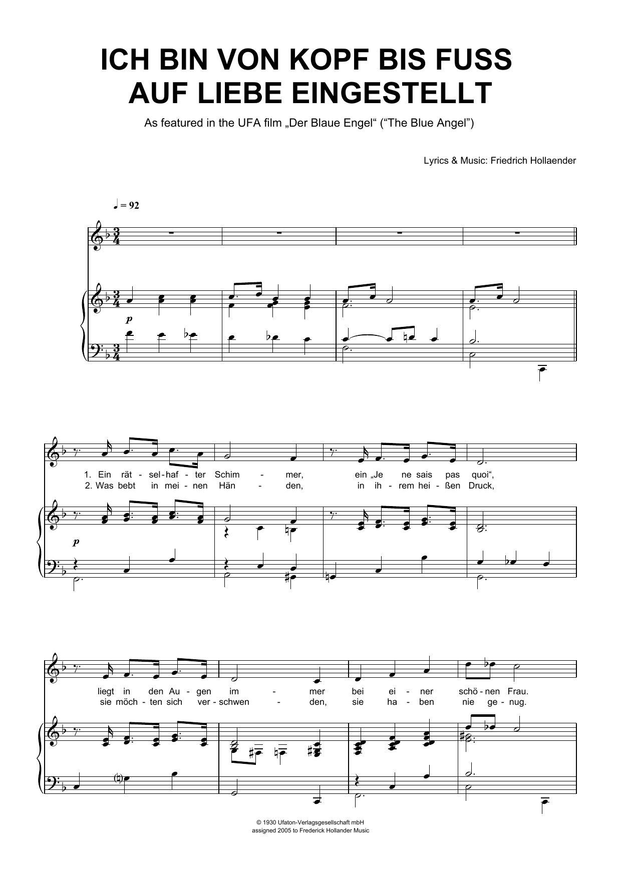 Friedrich Hollaender Ich Bin Von Kopf Bis Fuss Auf Liebe Eingestellt sheet music notes and chords. Download Printable PDF.