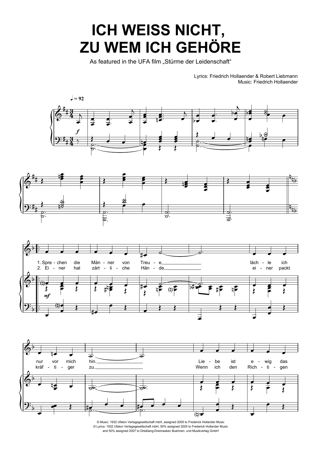 Friedrich Hollaender Ich Weiss Nicht, Zu Wem Ich Gehore sheet music notes and chords. Download Printable PDF.