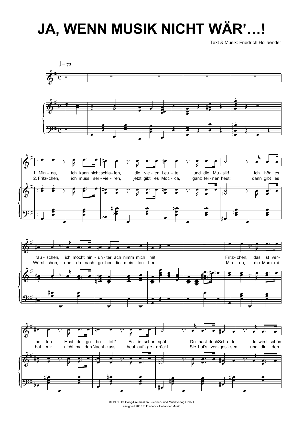 Learn to play Friedrich Hollaender Ja, Wenn Die Musik Nicht Wär'...! sheet music for Piano & Vocal in minutes. Price: 7.8900$ Friedrich Hollaender Ja, Wenn Die Musik Nicht Wär'...! sheet music notes and chords arranged for Piano & Vocal