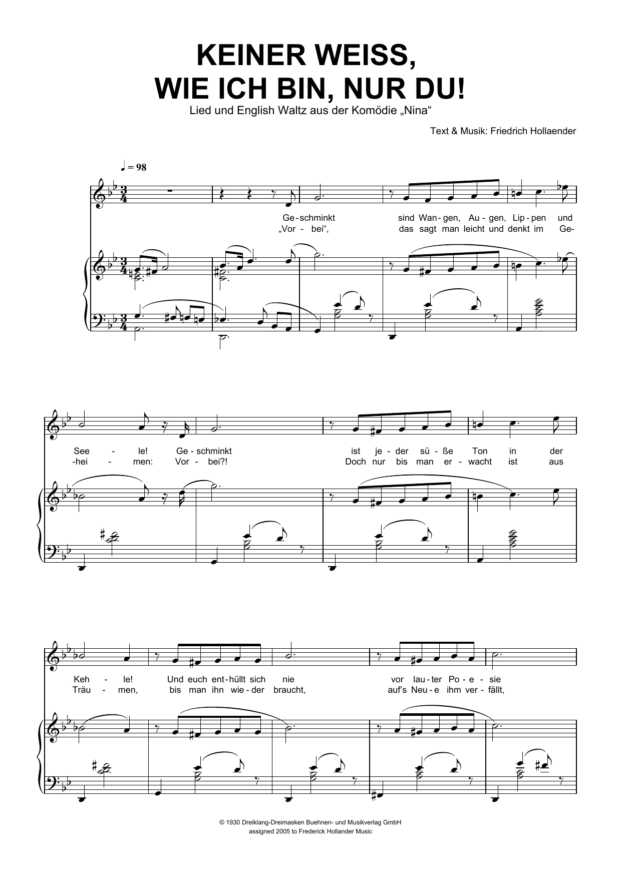 Learn to play Friedrich Hollaender Keiner Weiss, Wie Ich Bin, Nur Du! sheet music for Piano & Vocal in minutes. Price: 7.8900$ Friedrich Hollaender Keiner Weiss, Wie Ich Bin, Nur Du! sheet music notes and chords arranged for Piano & Vocal