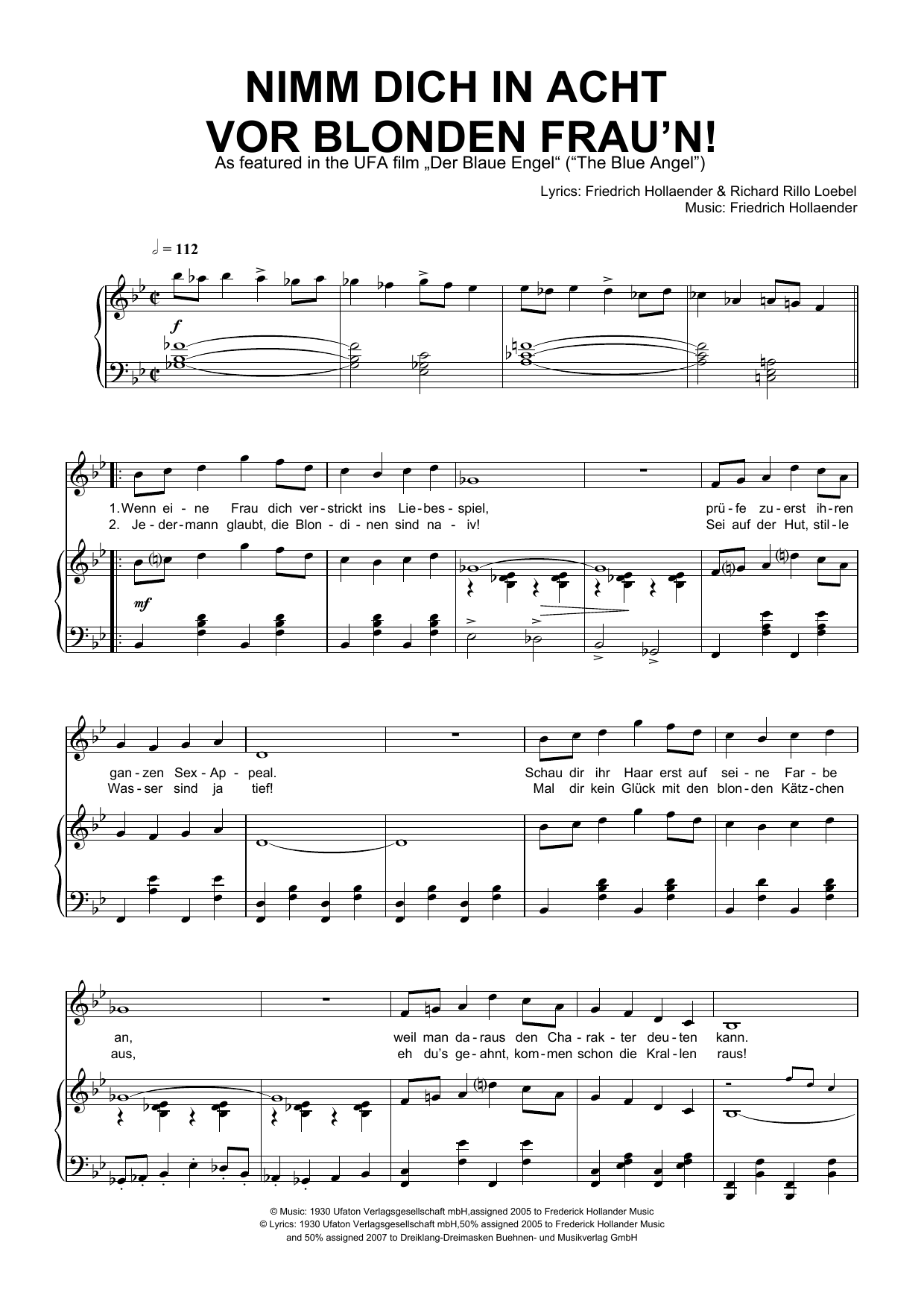 Friedrich Hollaender Nimm Dich In Acht Vor Blonden Frau'n! sheet music notes and chords. Download Printable PDF.