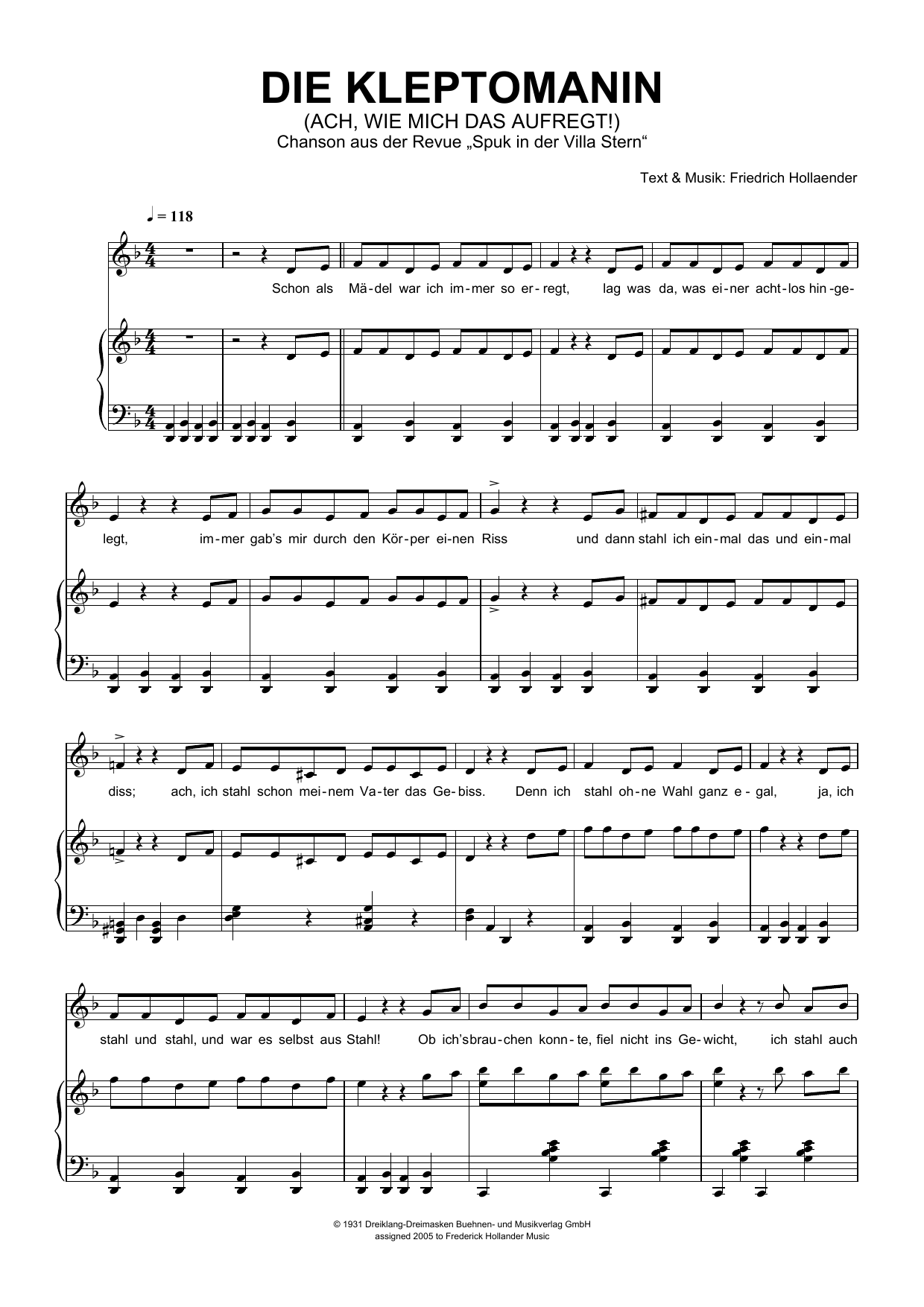 Friedrich Hollaender Die Kleptomanin (Ach, Wie Mich Das Aufregt!) sheet music notes and chords. Download Printable PDF.