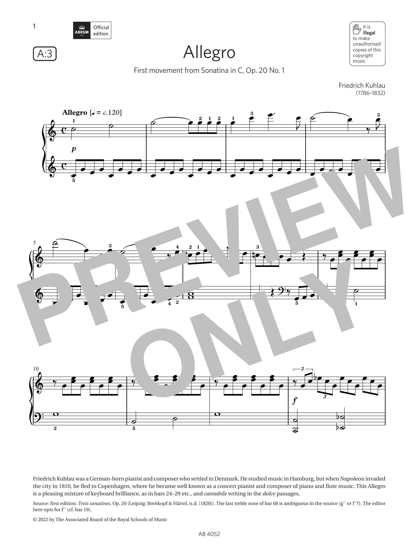 Friedrich Kuhlau Allegro (Grade 6, list A3, from the ABRSM Piano Syllabus 2023 & 2024) sheet music notes and chords. Download Printable PDF.