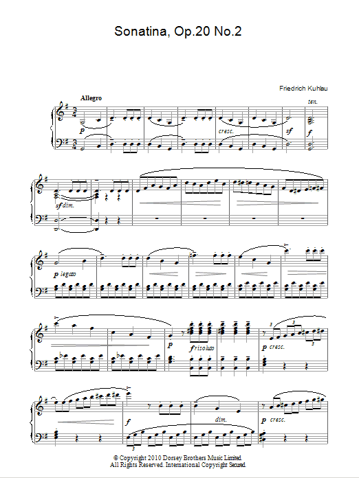 Friedrich Kuhlau Sonatina, Op.20, No.2 sheet music notes and chords arranged for Piano Solo