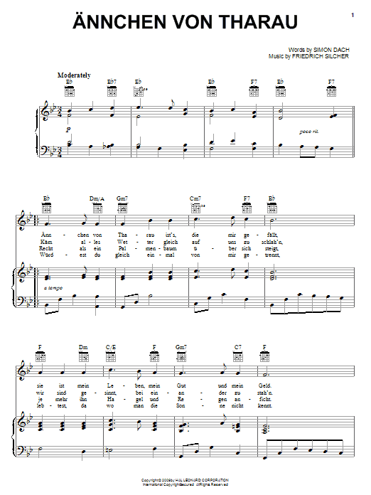 Learn to play Friedrich Silcher Annchen Von Tharau sheet music for Piano, Vocal & Guitar Chords (Right-Hand Melody) in minutes. Price: 7.8900$ Friedrich Silcher Annchen Von Tharau sheet music notes and chords arranged for Piano, Vocal & Guitar Chords (Right-Hand Melody)