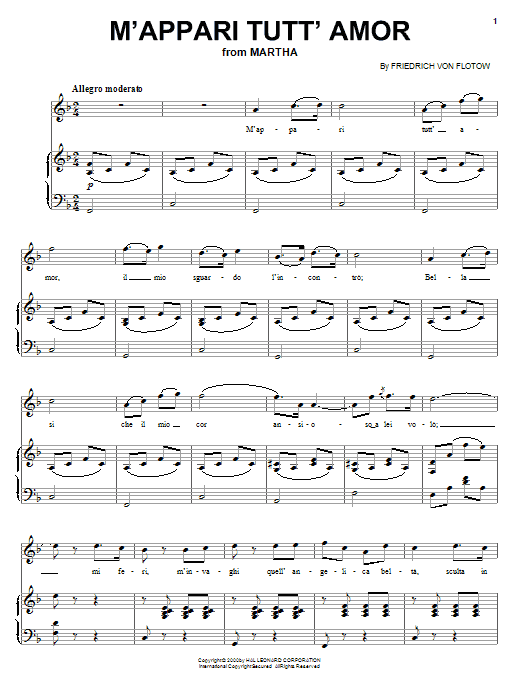 Learn to play Friedrich von Flotow M'appari tutt'amor sheet music for Piano & Vocal in minutes. Price: 7.8900$ Friedrich von Flotow M'appari tutt'amor sheet music notes and chords arranged for Piano & Vocal