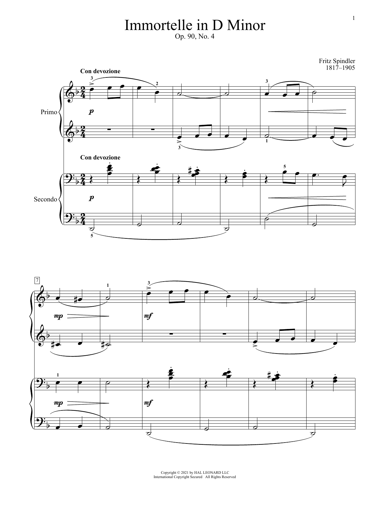 Fritz Spindler Immortelle, Op. 90, No. 4 sheet music notes and chords. Download Printable PDF.