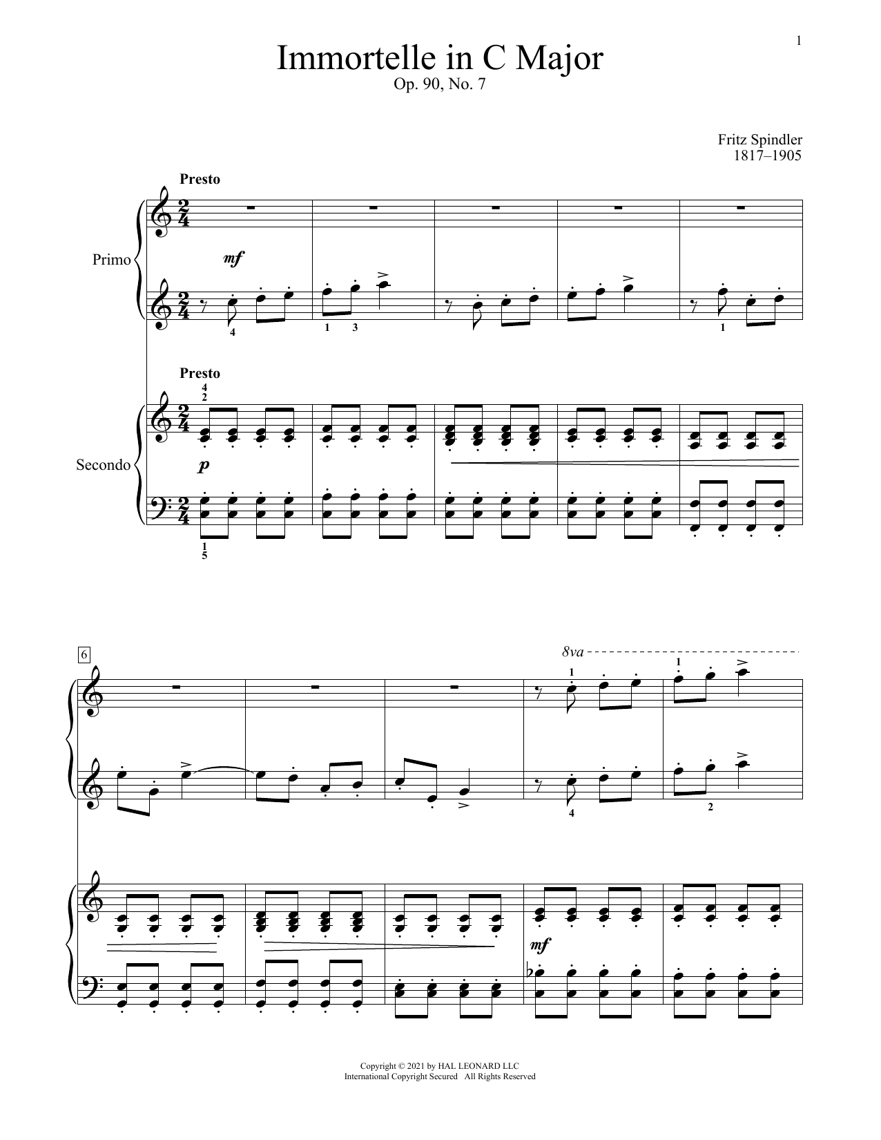 Learn to play Fritz Spindler Immortelle, Op. 90, No. 7 sheet music for Piano Duet in minutes. Price: 7.8900$ Fritz Spindler Immortelle, Op. 90, No. 7 sheet music notes and chords arranged for Piano Duet