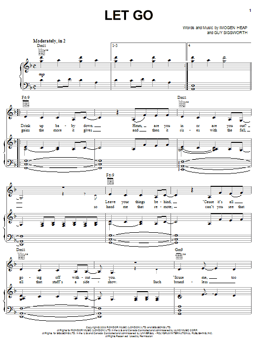 Frou Frou Let Go sheet music notes and chords arranged for Piano, Vocal & Guitar Chords (Right-Hand Melody)