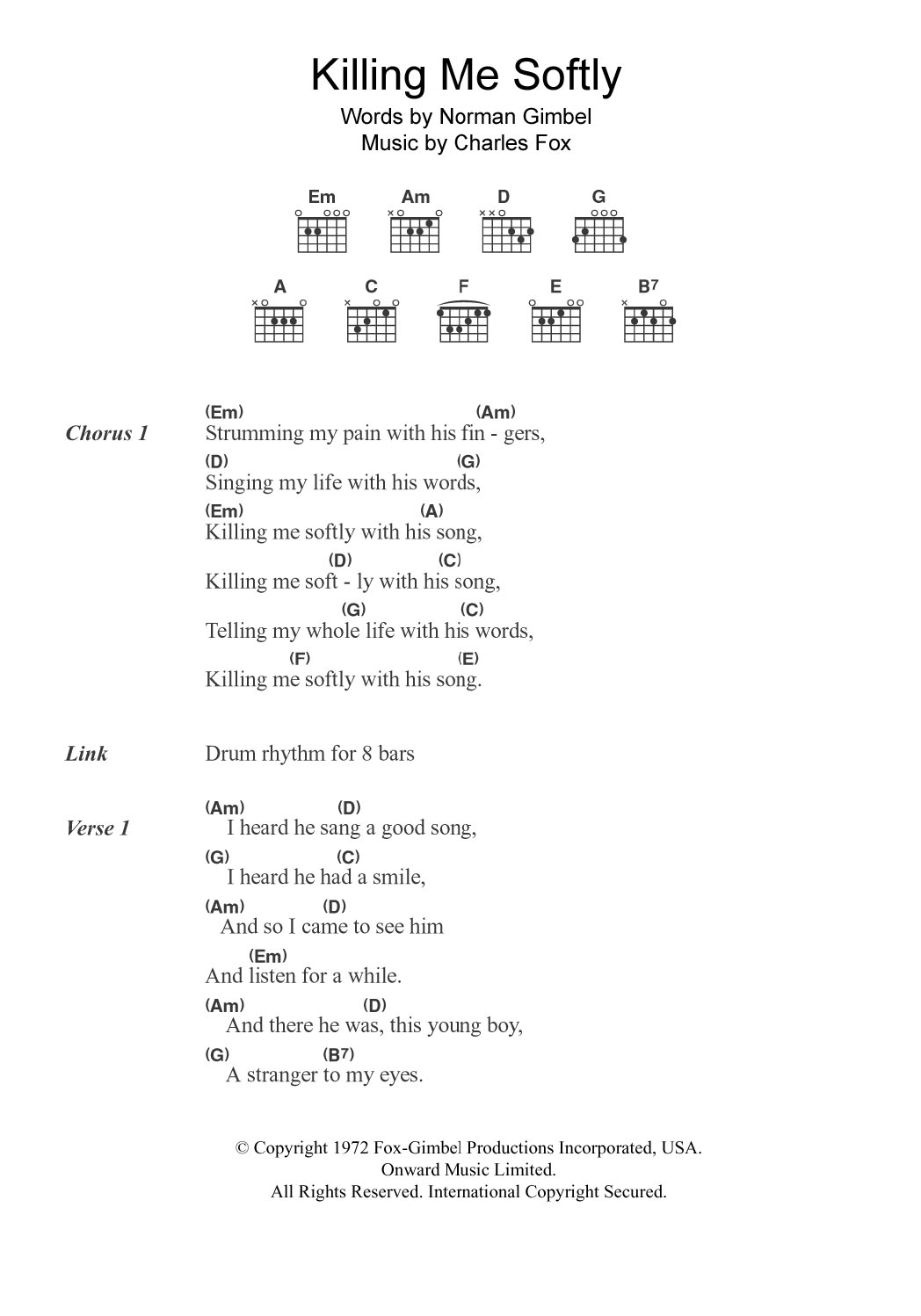 Fugees Killing Me Softly sheet music notes and chords. Download Printable PDF.