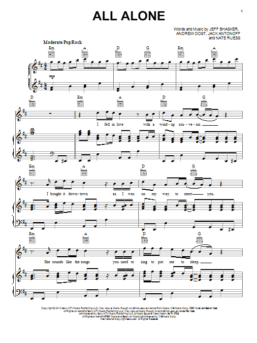 Learn to play fun. All Alone sheet music for Piano, Vocal & Guitar Chords (Right-Hand Melody) in minutes. Price: 7.8900$ fun. All Alone sheet music notes and chords arranged for Piano, Vocal & Guitar Chords (Right-Hand Melody)