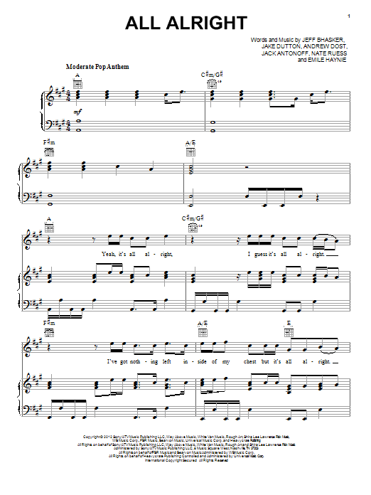 Learn to play fun. All Alright sheet music for Piano, Vocal & Guitar Chords (Right-Hand Melody) in minutes. Price: 7.8900$ fun. All Alright sheet music notes and chords arranged for Piano, Vocal & Guitar Chords (Right-Hand Melody)