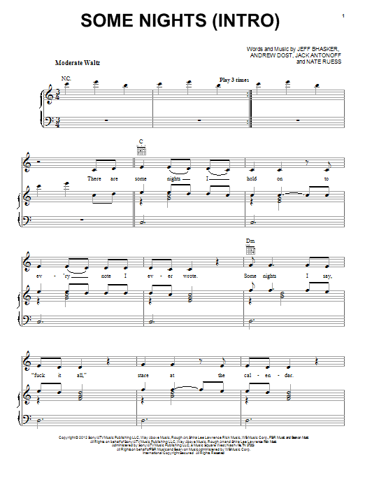 Learn to play fun. Some Nights (Intro) sheet music for Piano, Vocal & Guitar Chords (Right-Hand Melody) in minutes. Price: 7.8900$ fun. Some Nights (Intro) sheet music notes and chords arranged for Piano, Vocal & Guitar Chords (Right-Hand Melody)