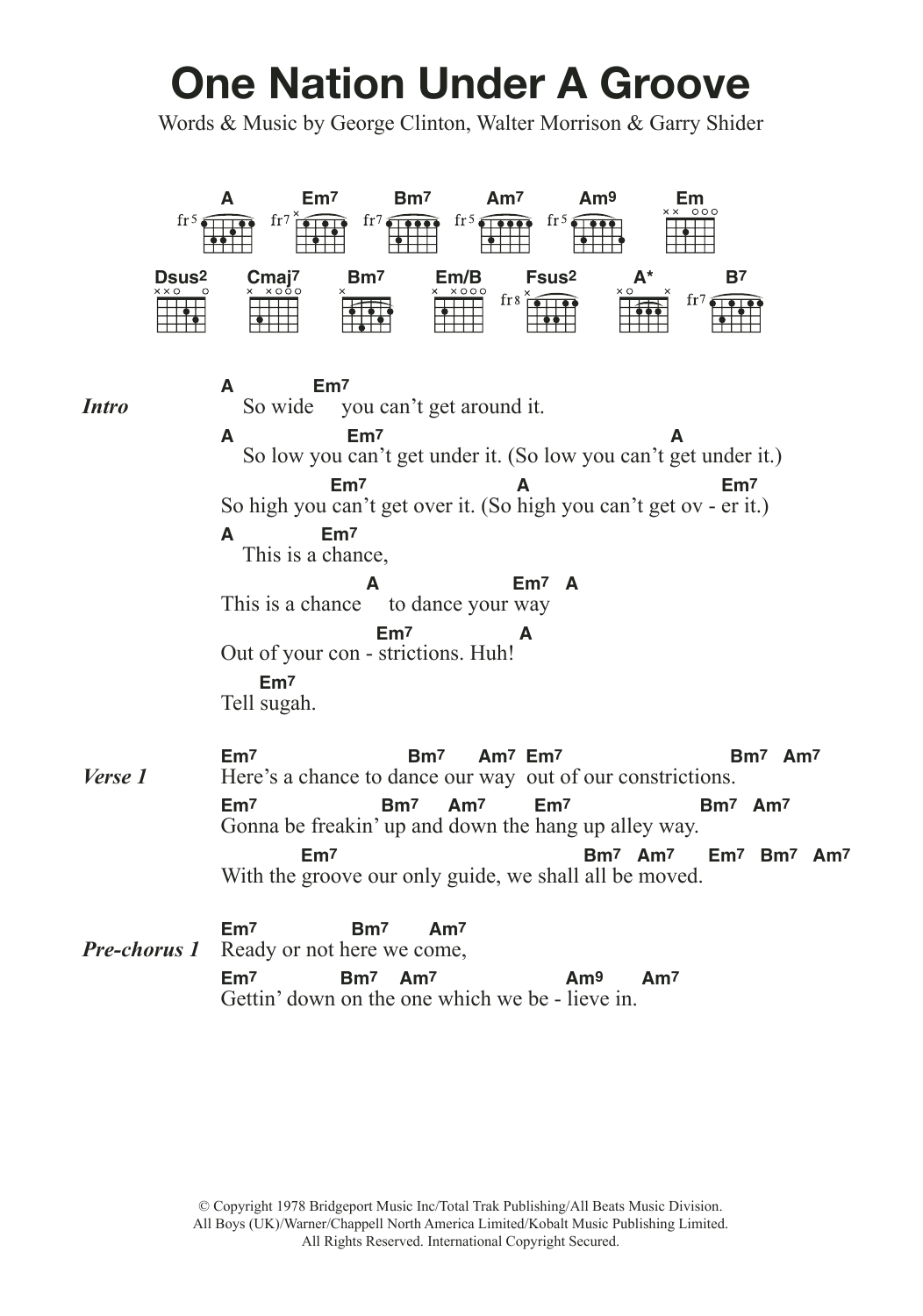 Funkadelic One Nation Under A Groove sheet music notes and chords. Download Printable PDF.